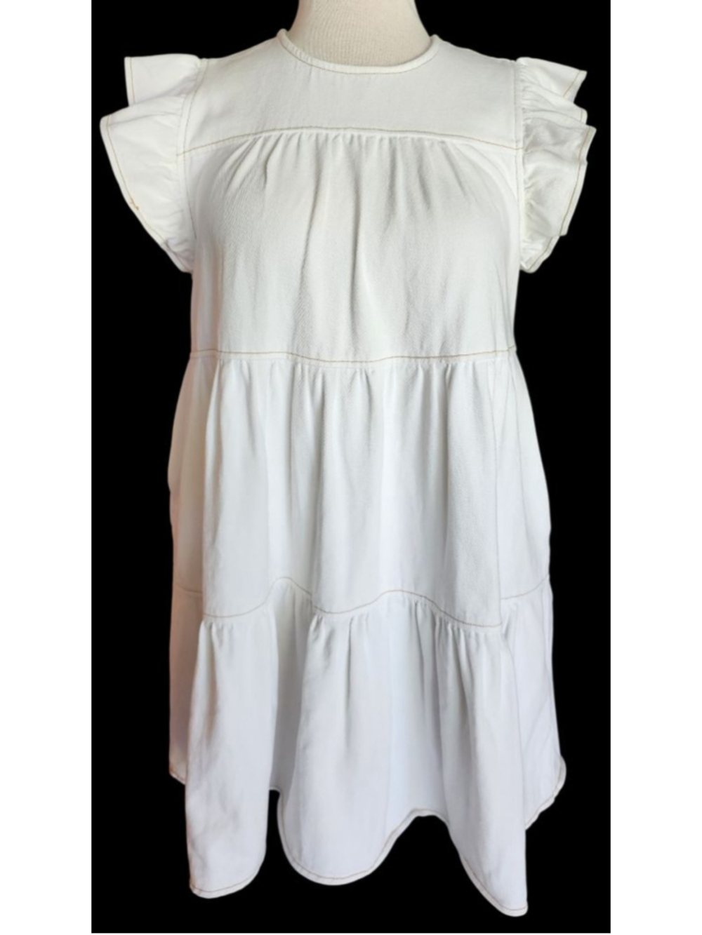 Altar'd State Women's L Denim Babydoll Tiered Ruffle Sleeve Mini Dress Pockets